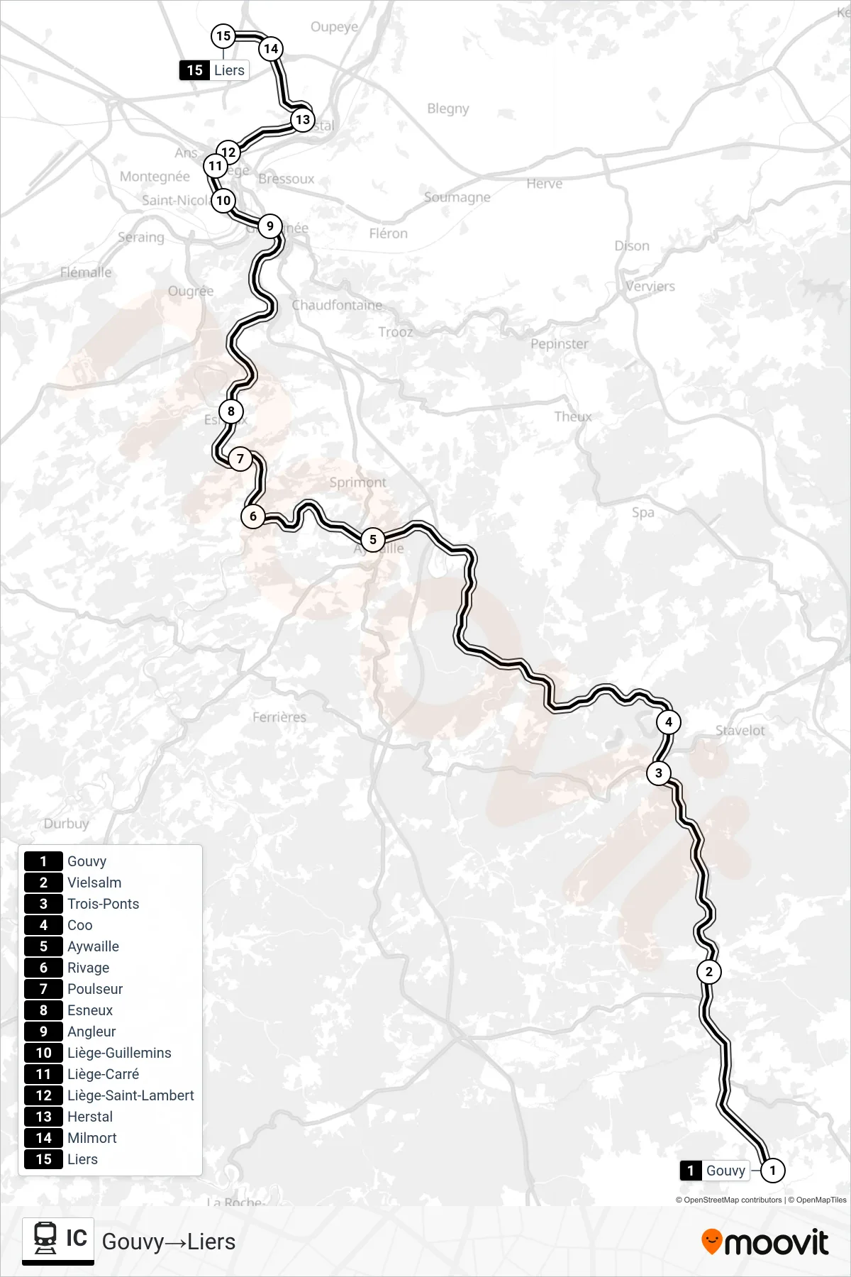 Lijn IC (trein, Gouvy→Liers): route en haltes op de kaart