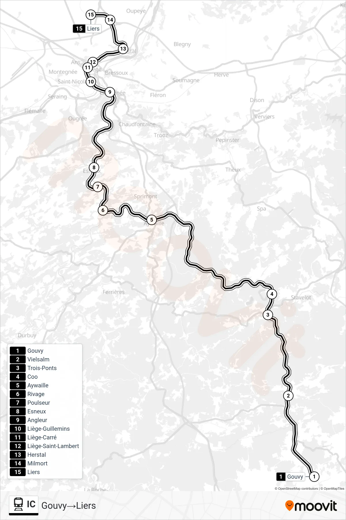 IC rail Line (Gouvy‎→Liers) route and stops on a map