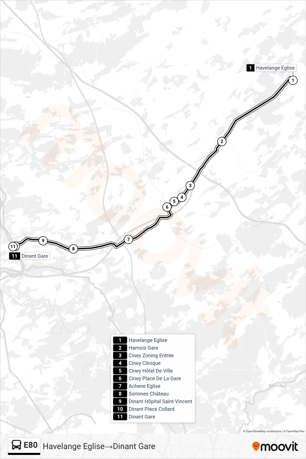 Lijn E80 (bus, Havelange Eglise‎→Dinant Gare): route en haltes op de kaart
