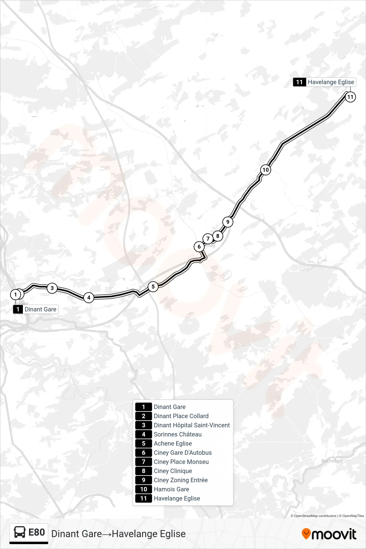 E80 bus Line (Dinant Station→Havelange Church) route and stops on a map