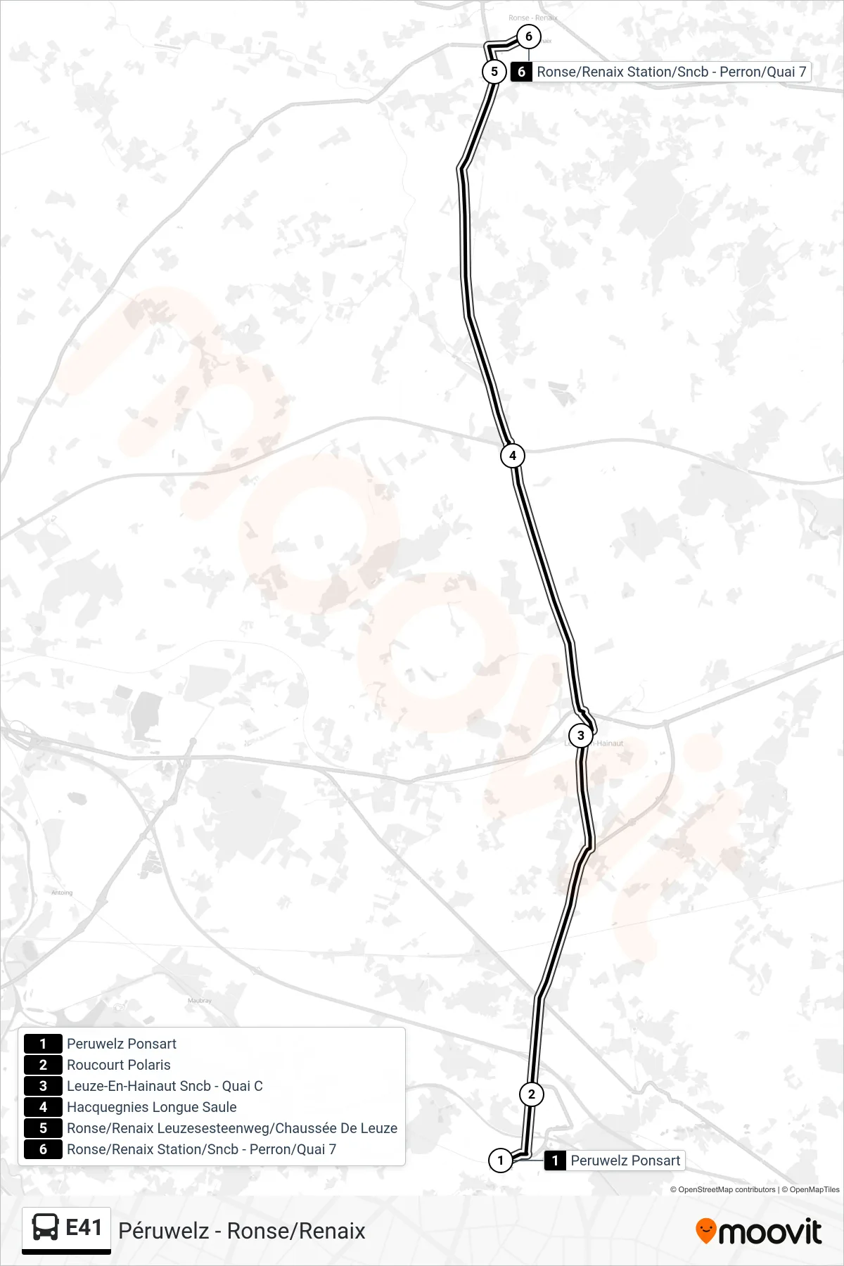 Lijn E41 (bus, Peruwelz Ponsart‎→Ronse/Renaix Station/Sncb - Perron/Quai 7): route en haltes op de kaart