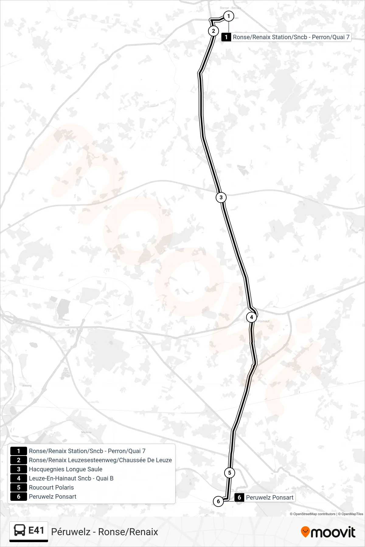 Lijn E41 (bus, Ronse/Renaix Station/Sncb - Perron/Quai 7‎→Peruwelz Ponsart): route en haltes op de kaart