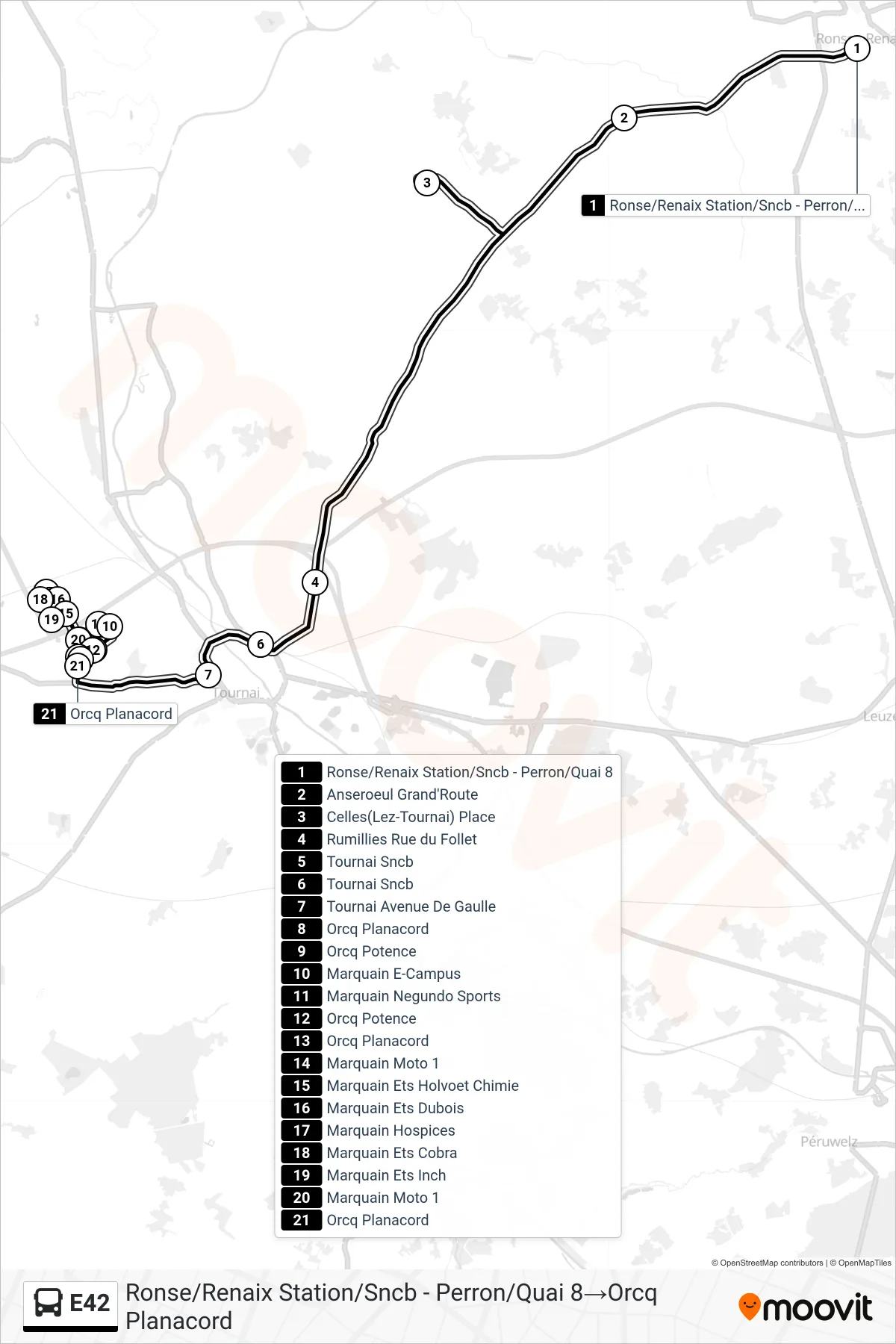 Lijn E42 (bus, Ronse/Renaix Station/Sncb - Perron/Quai 8→Orcq Planacord): route en haltes op de kaart