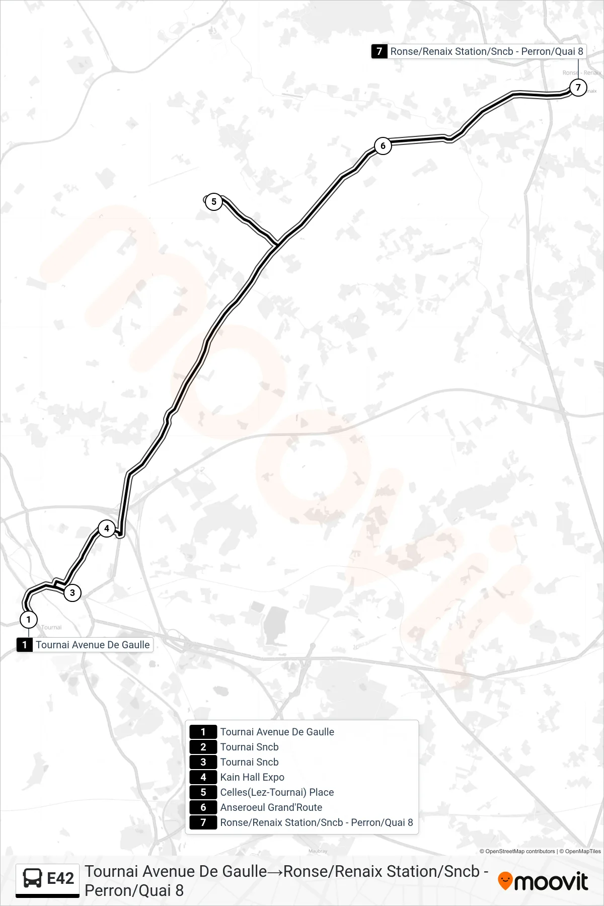 Lijn E42 (bus, Tournai Avenue De Gaulle→Ronse/Renaix Station/Sncb - Perron/Quai 8): route en haltes op de kaart