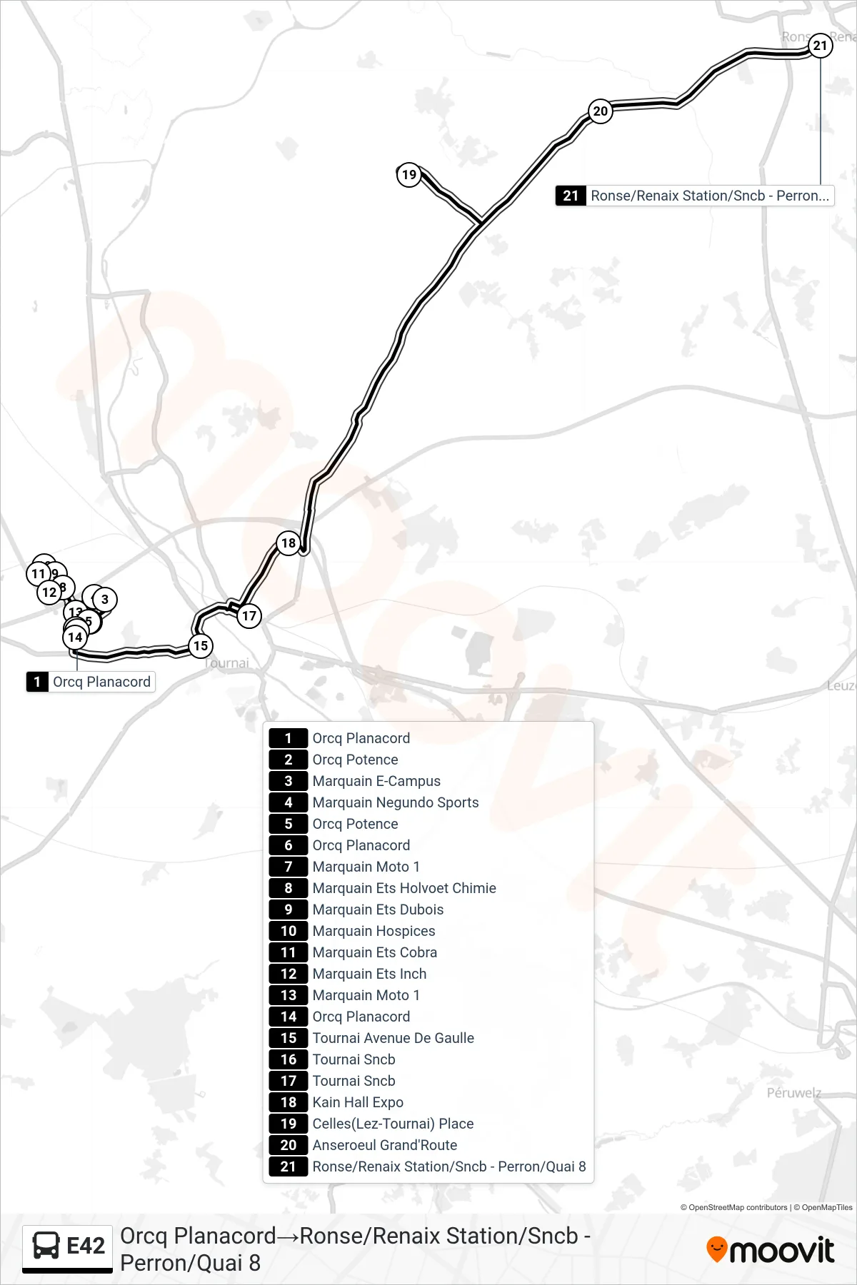 Lijn E42 (bus, Orcq Planacord→Ronse/Renaix Station/Sncb - Perron/Quai 8): route en haltes op de kaart