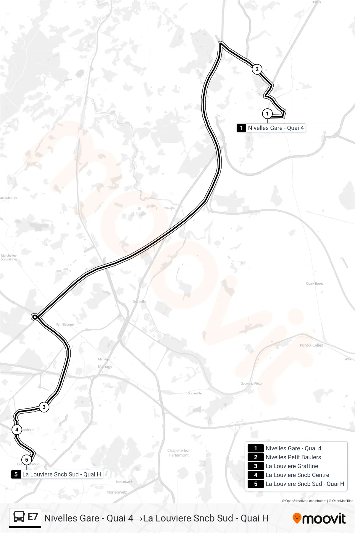Lijn E7 (bus, Nivelles Gare - Quai 4→La Louviere Sncb Sud - Quai H): route en haltes op de kaart