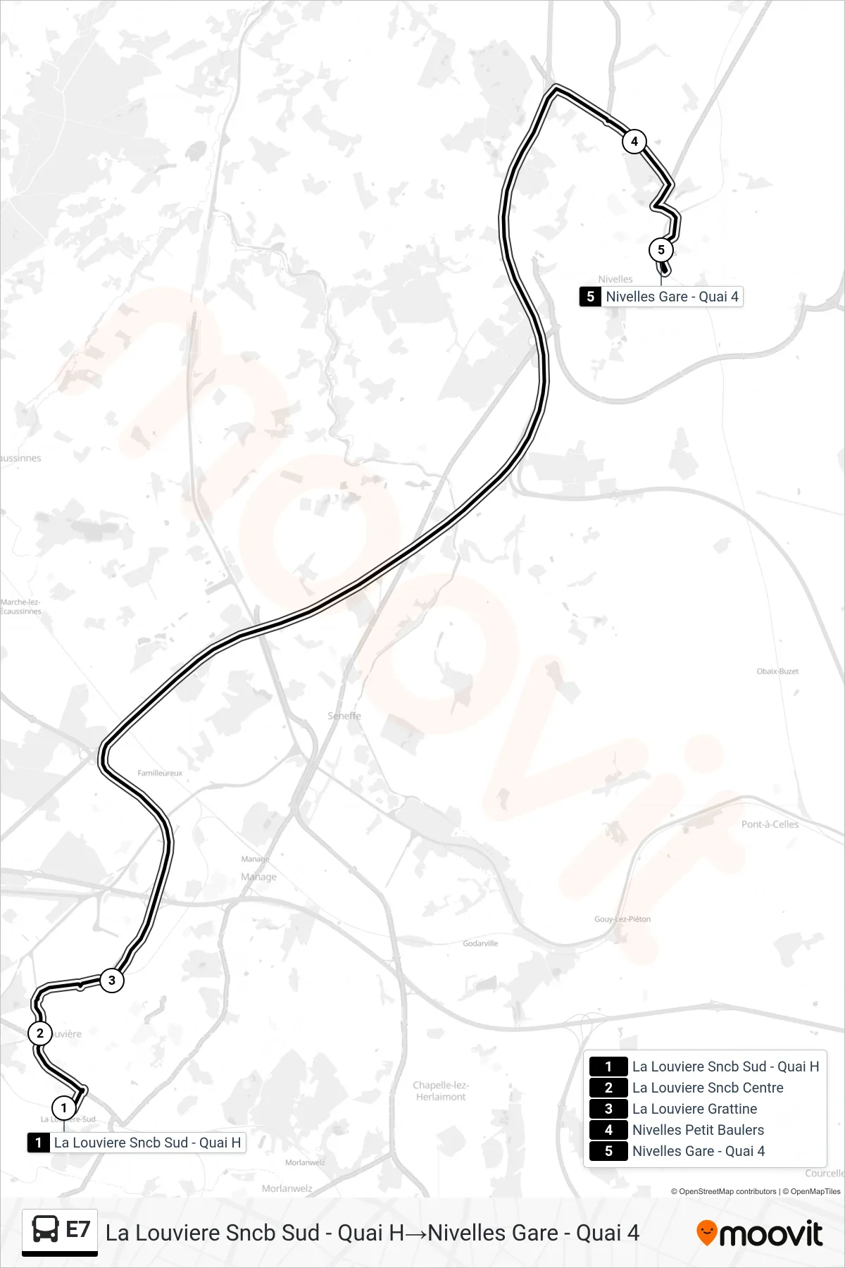 Lijn E7 (bus, La Louviere Sncb Sud - Quai H‎→Nivelles Gare - Quai 4): route en haltes op de kaart