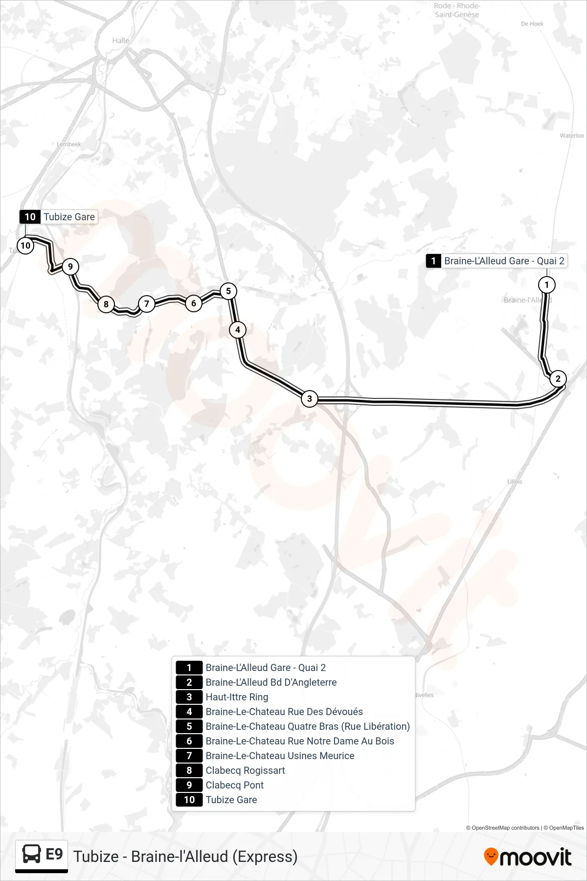 Lijn E9 (bus, Braine-L'Alleud Gare - Quai 2‎→Tubize Gare - Quai 5): route en haltes op de kaart