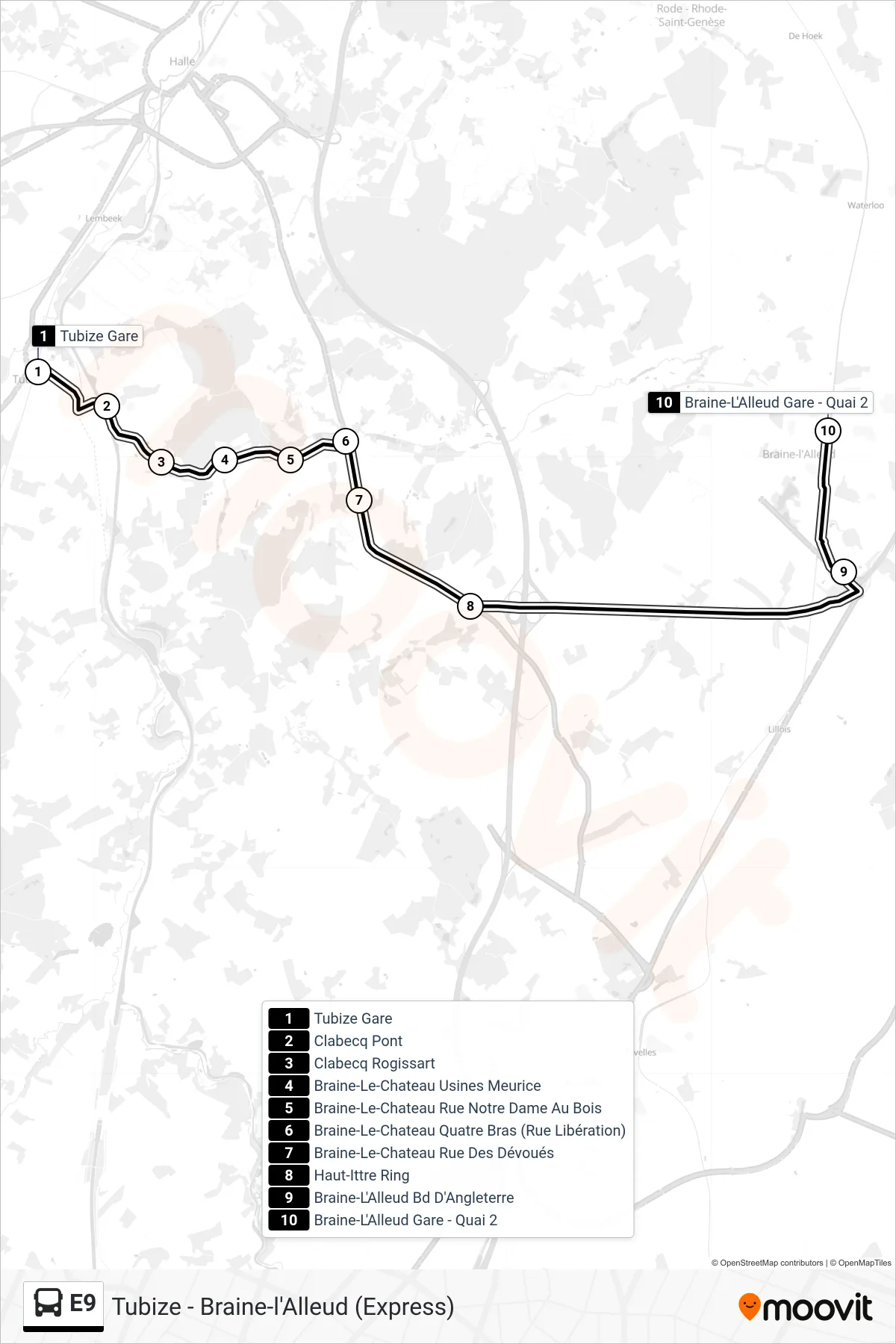 Lijn E9 (bus, Tubize Gare - Quai 5‎→Braine-L'Alleud Gare - Quai 2): route en haltes op de kaart
