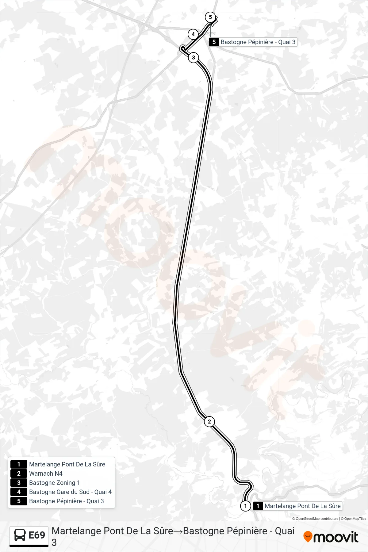 Lijn E69 (bus, Martelange Pont De La Sûre‎→Bastogne Pépinière - Quai 3): route en haltes op de kaart