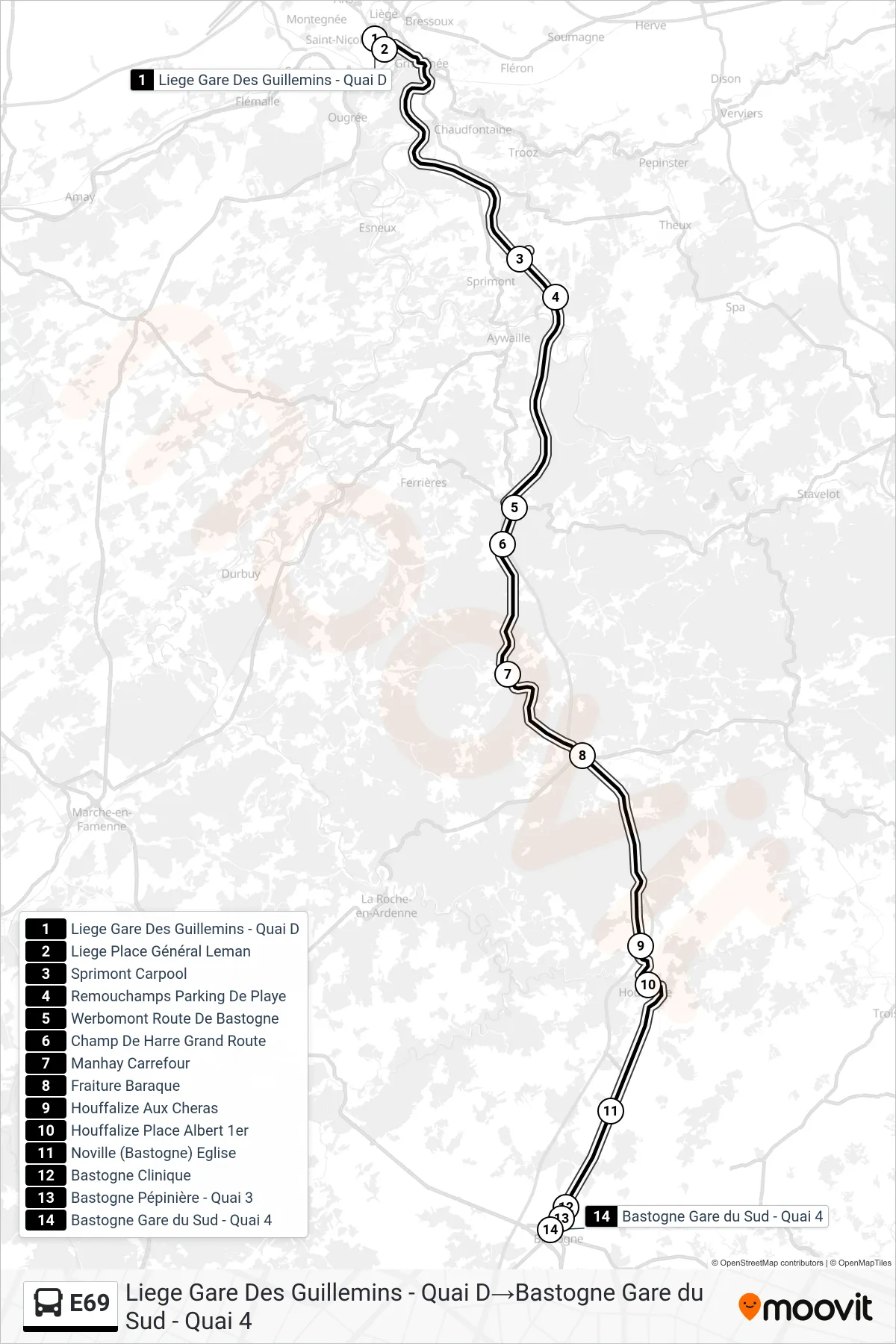 Lijn E69 (bus, Liege Gare Des Guillemins - Quai D→Bastogne Gare du Sud - Quai 4): route en haltes op de kaart