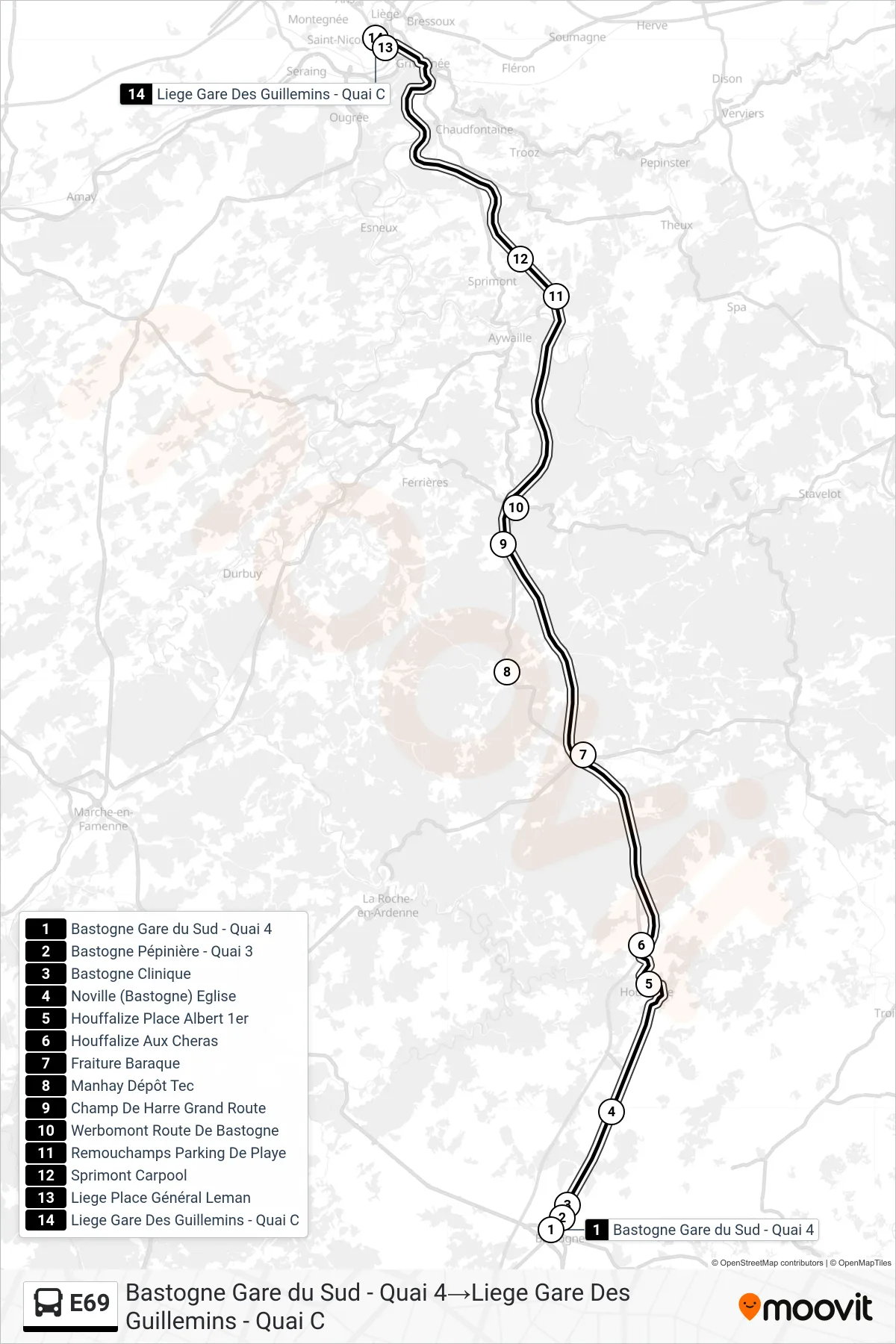 E69 bus Line (Bastogne South Station - Platform 4→Liege Guillemins Station - Platform C) route and stops on a map