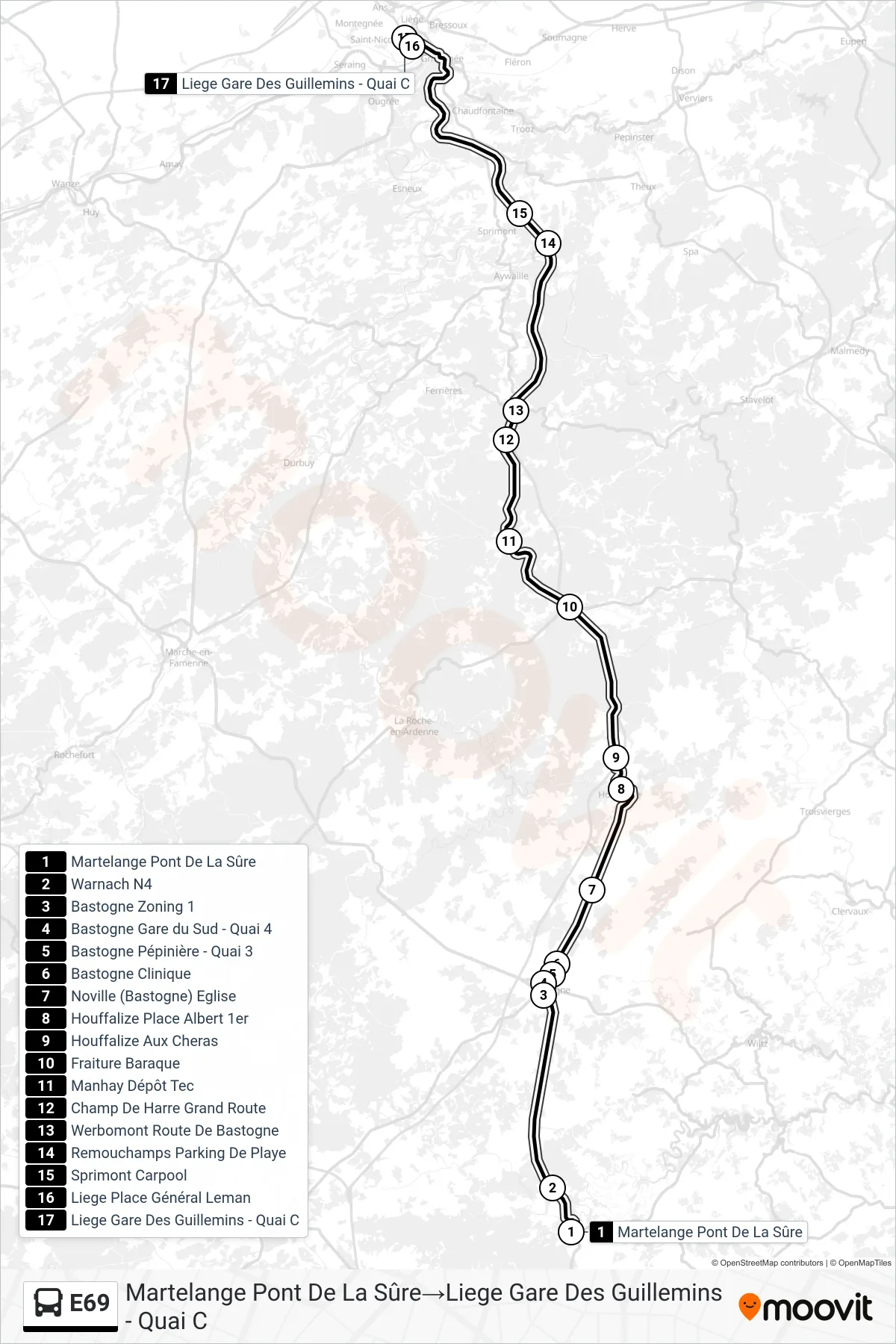 Lijn E69 (bus, Martelange Pont De La Sûre‎→Liege Gare Des Guillemins - Quai C): route en haltes op de kaart