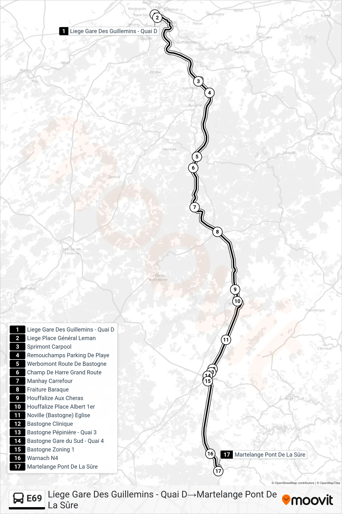 Lijn E69 (bus, Liege Gare Des Guillemins - Quai D‎→Martelange Pont De La Sûre): route en haltes op de kaart