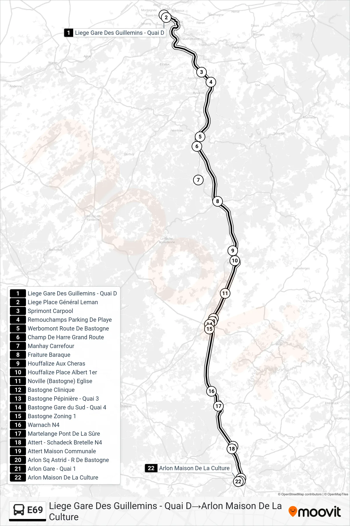Lijn E69 (bus, Liege Gare Des Guillemins - Quai D‎→Arlon Maison De La Culture): route en haltes op de kaart