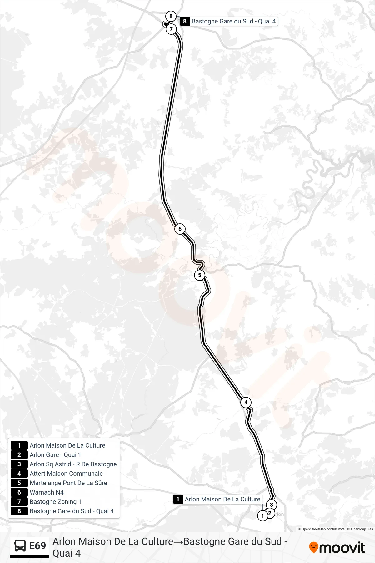 Lijn E69 (bus, Arlon Maison De La Culture‎→Bastogne Gare du Sud - Quai 4): route en haltes op de kaart