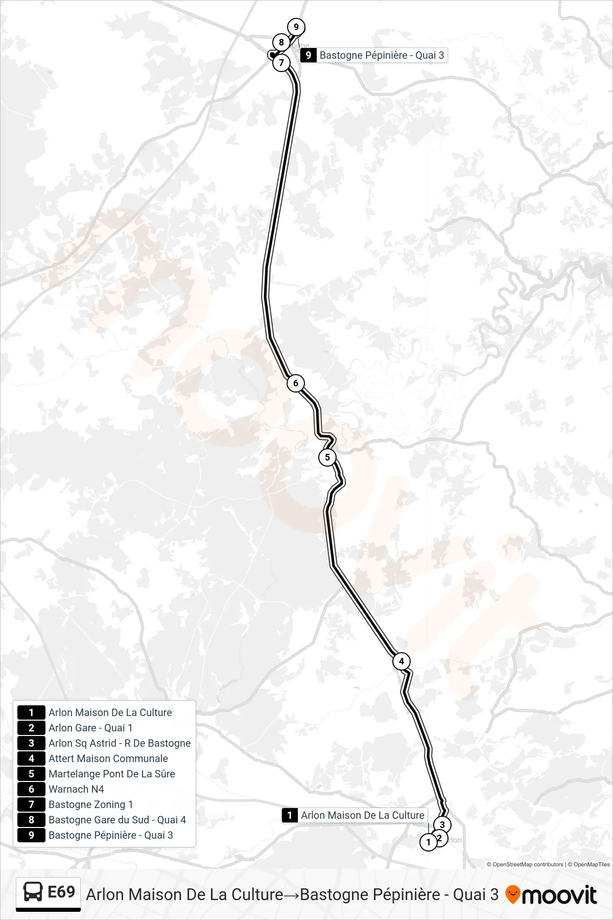 Lijn E69 (bus, Arlon Maison De La Culture‎→Bastogne Pépinière - Quai 3): route en haltes op de kaart