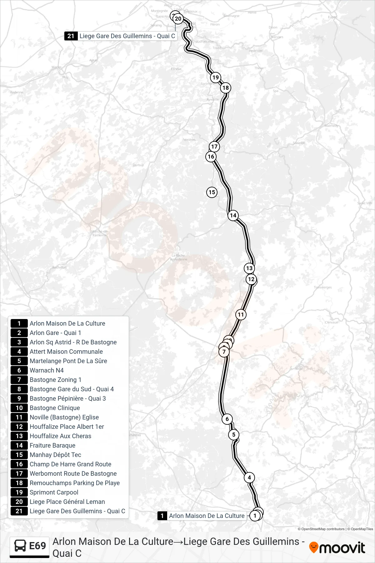 E69 bus Line (Arlon House of Culture→Liege Guillemins Station - Platform C) route and stops on a map