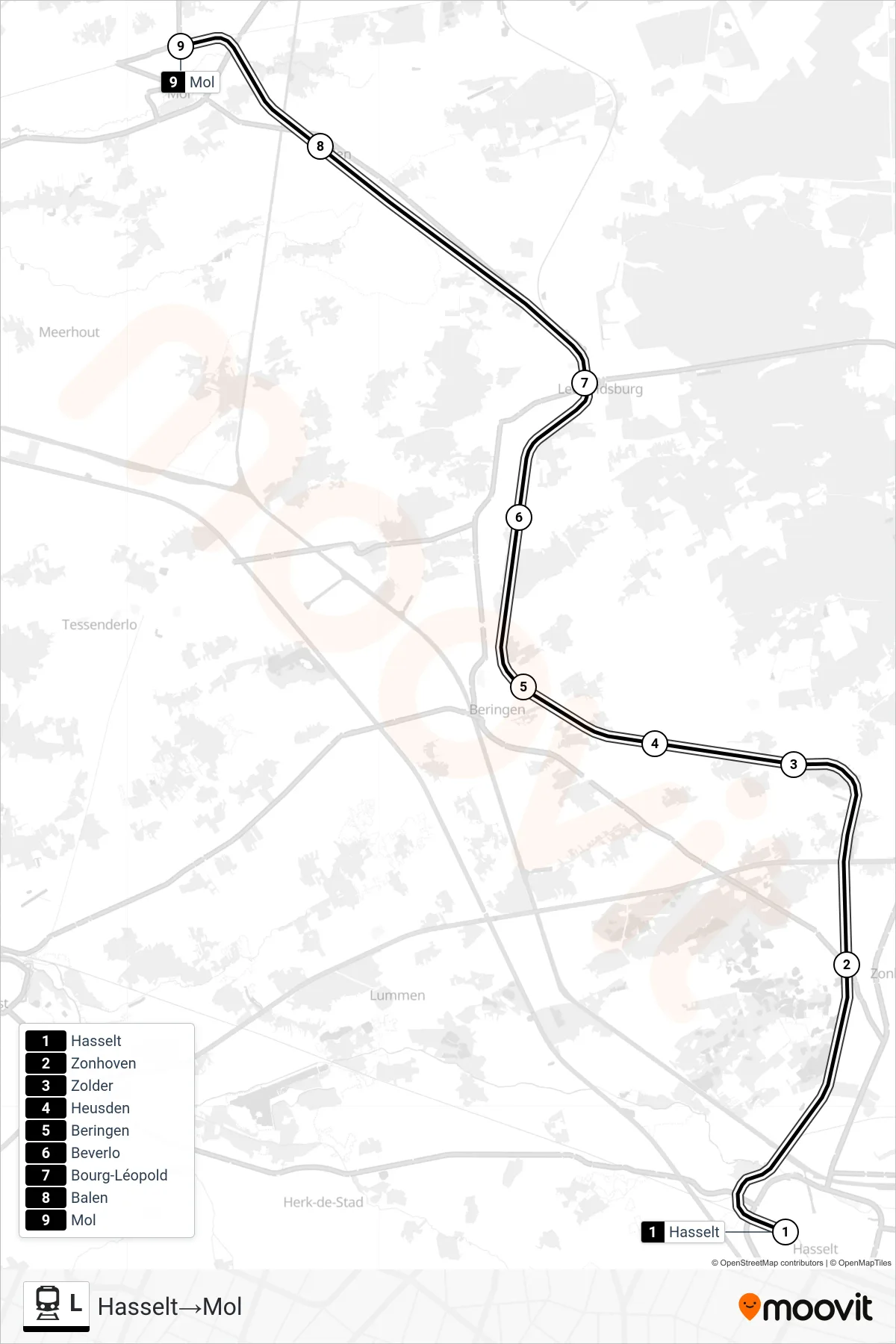 Lijn L (trein, Hasselt‎→Mol): route en haltes op de kaart