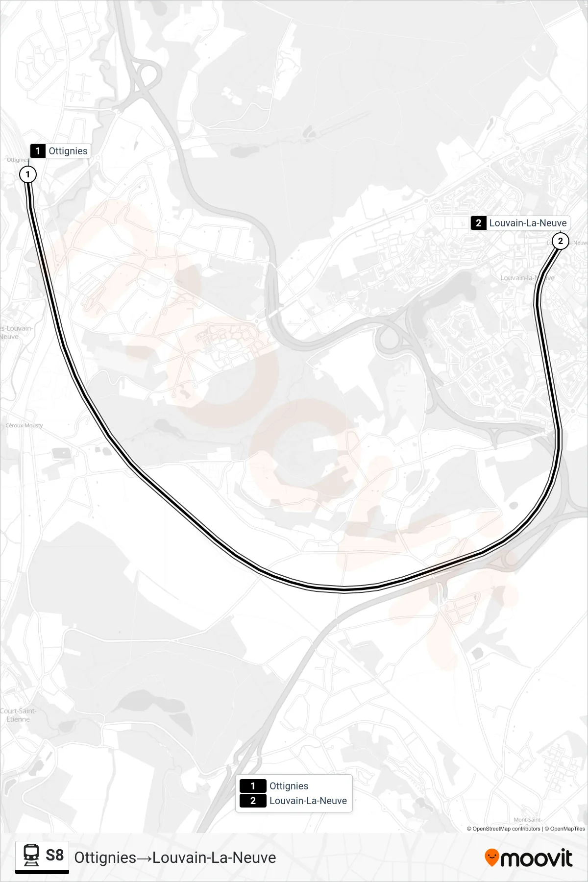 S8 rail Line (Ottignies‎→Louvain-La-Neuve) route and stops on a map