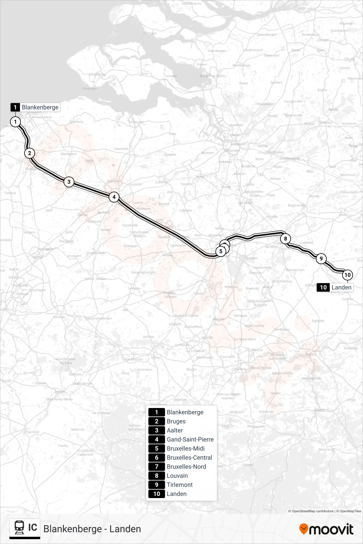 Lijn IC (trein, Blankenberge→Landen): route en haltes op de kaart