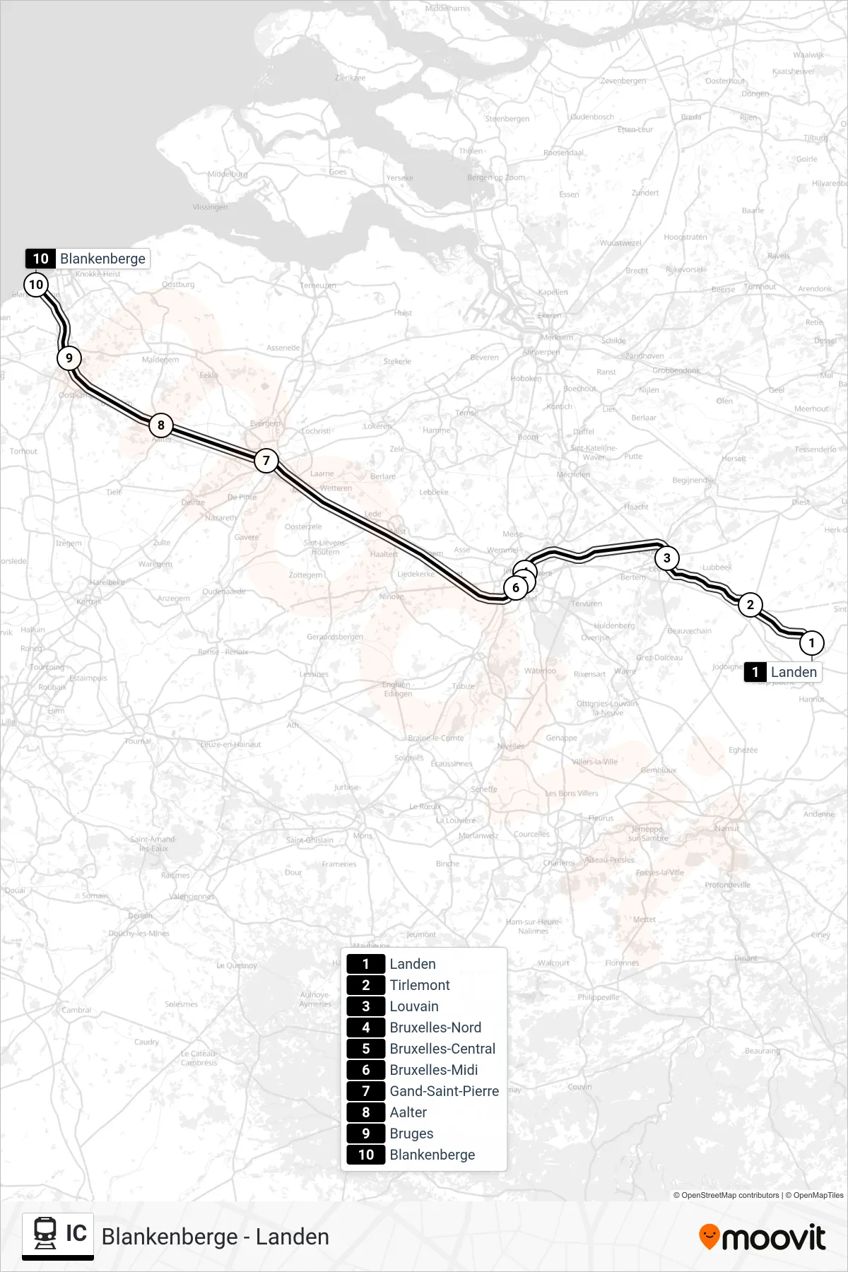 Lijn IC (trein, Landen‎→Blankenberge): route en haltes op de kaart