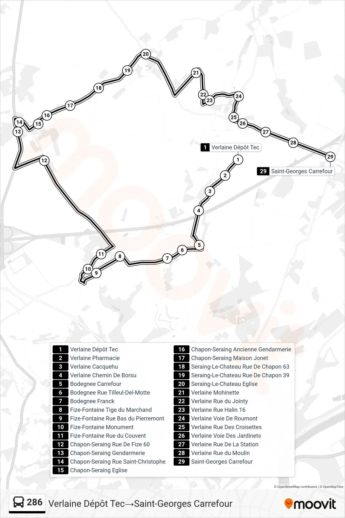 Lijn 286 (bus, Verlaine Dépôt Tec‎→Saint-Georges Carrefour): route en haltes op de kaart