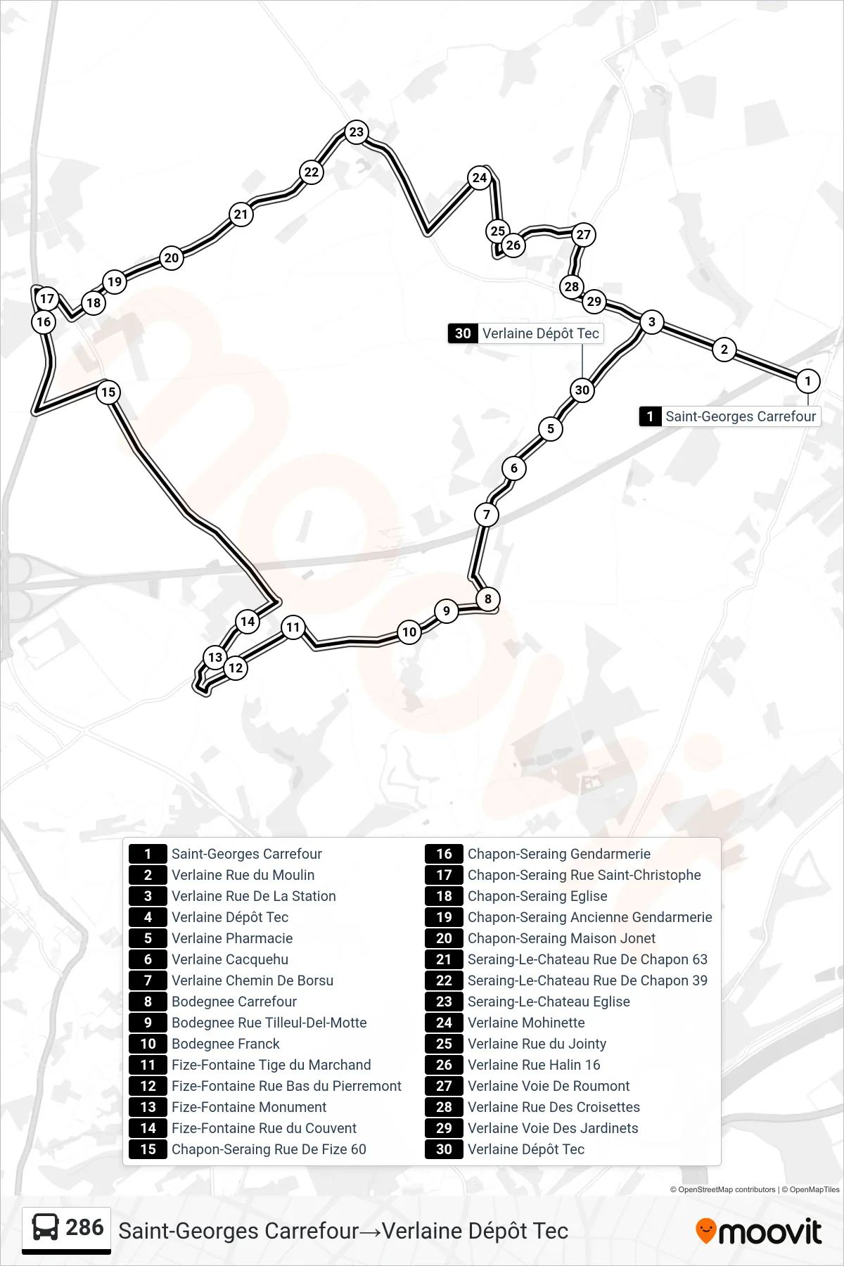 286 bus Line (Saint-Georges Crossroads→Verlaine TEC Depot) route and stops on a map