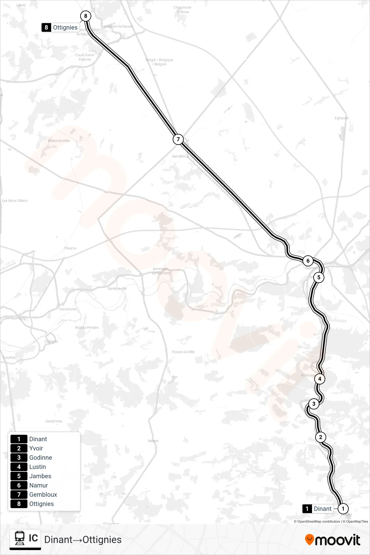 Lijn IC (trein, Dinant→Ottignies): route en haltes op de kaart