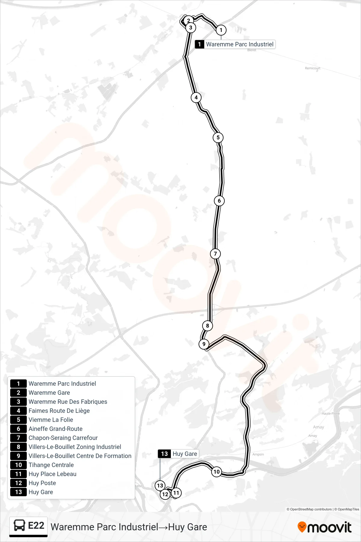 Lijn E22 (bus, Waremme Parc Industriel→Huy Gare): route en haltes op de kaart