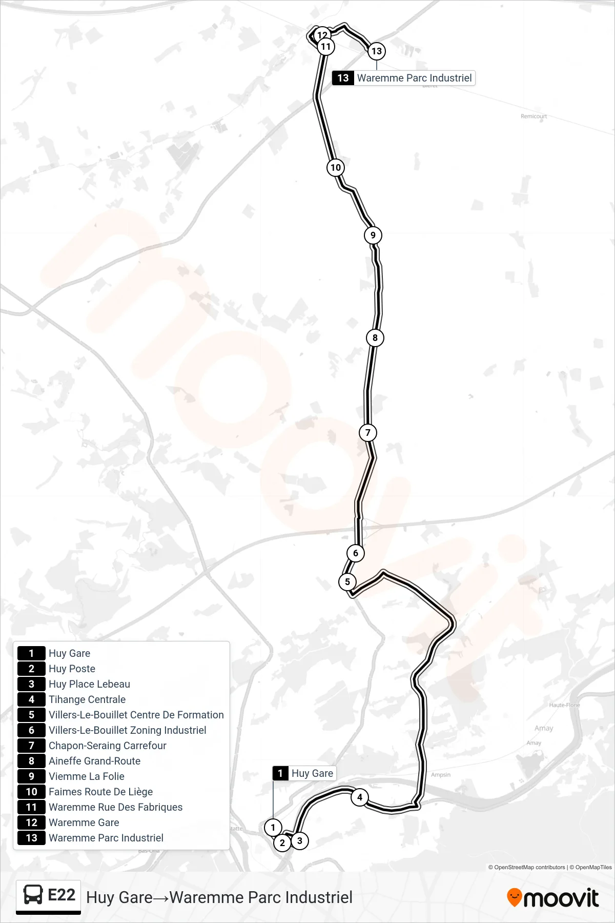 E22 bus Line (Huy Station→Waremme Industrial Park) route and stops on a map