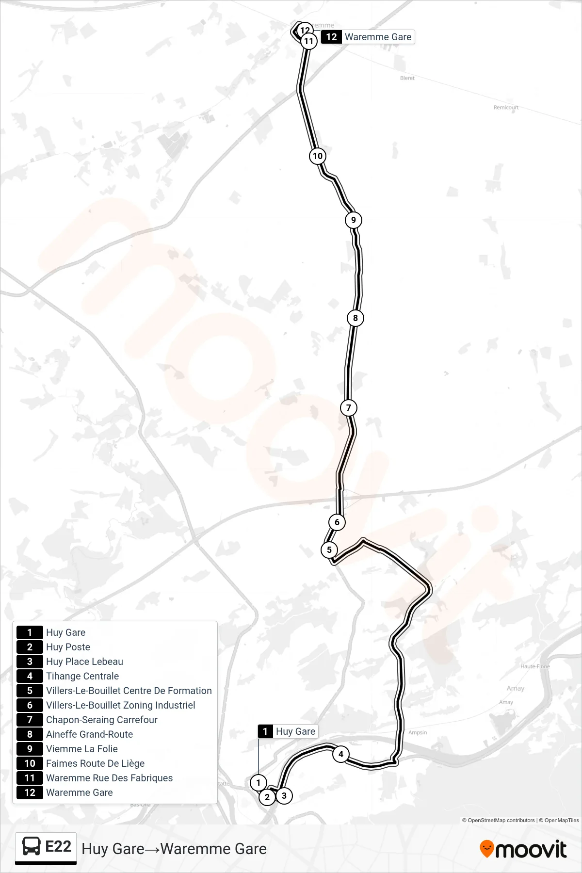 Lijn E22 (bus, Huy Gare‎→Waremme Gare): route en haltes op de kaart