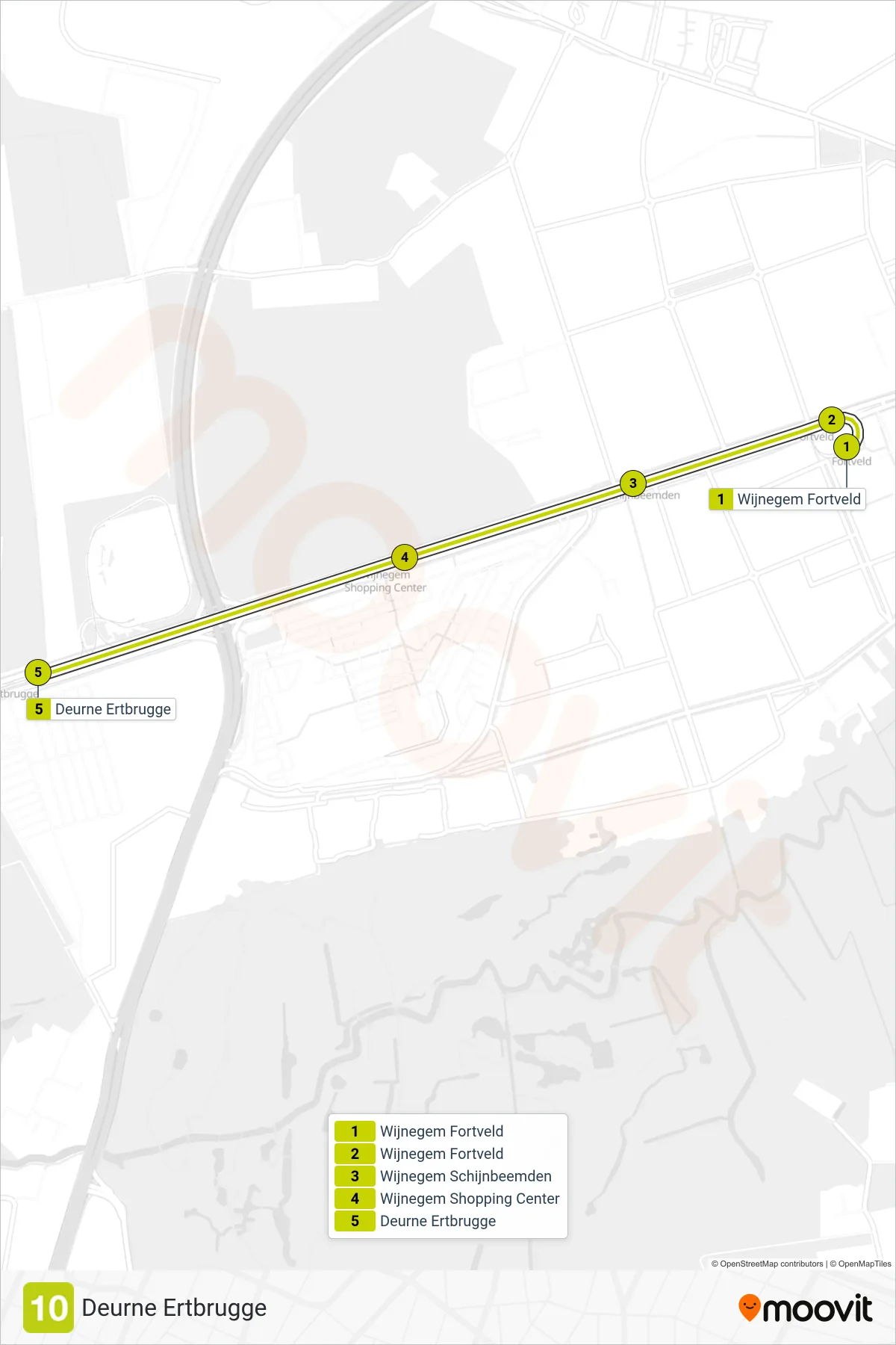 10 light rail Line (Deurne Ertbrugge) route and stops on a map