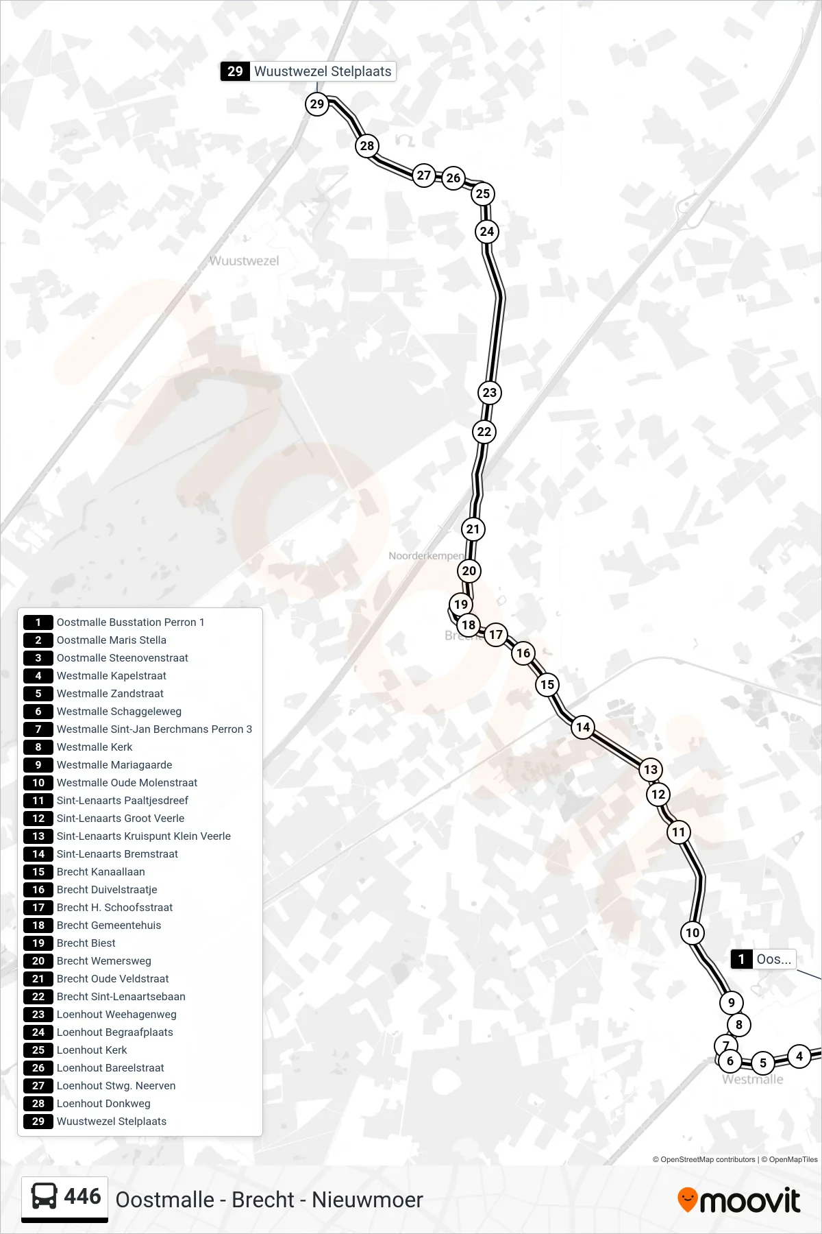 Lijn 446 (bus, Wuustwezel Stelplaats): route en haltes op de kaart