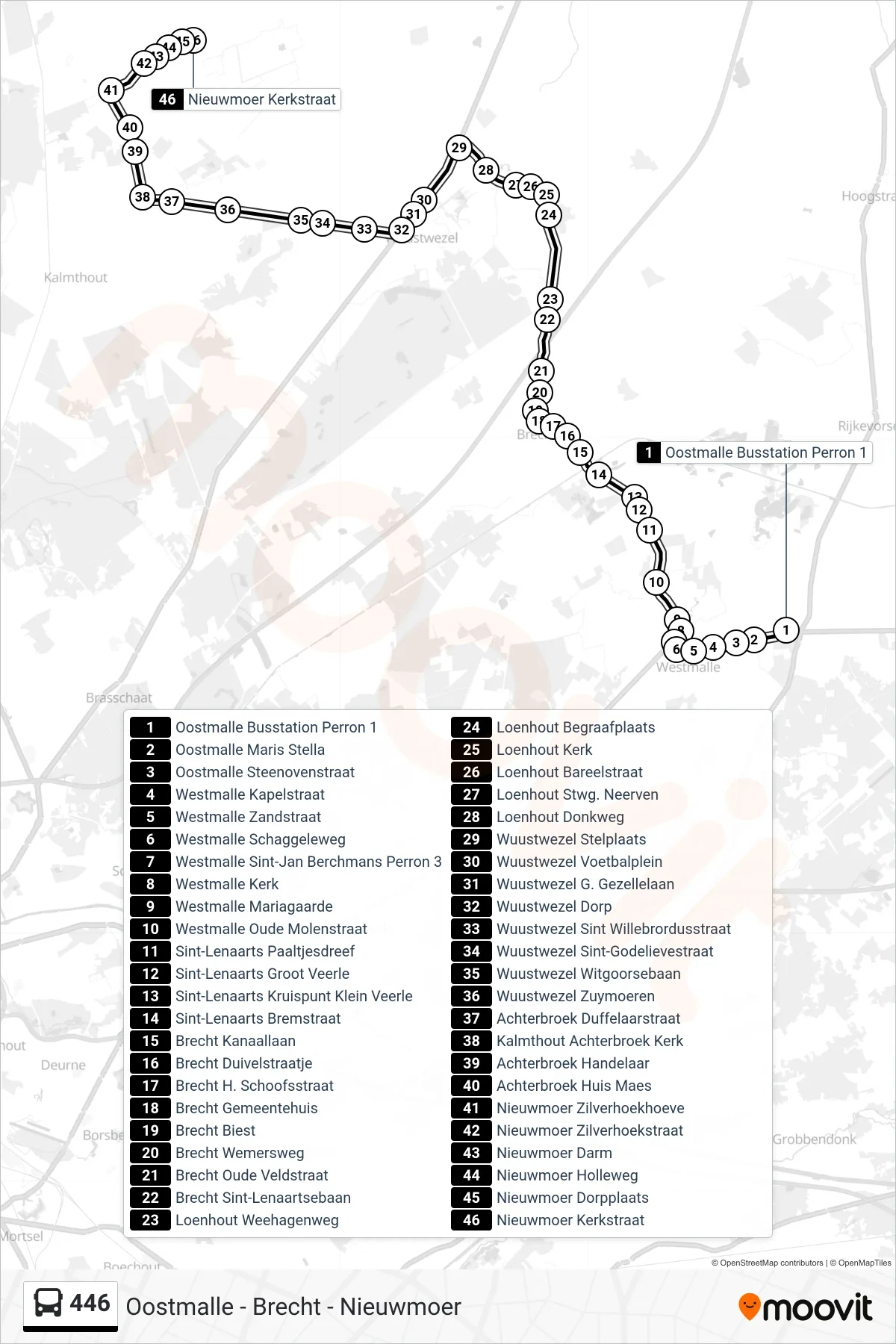 Lijn 446 (bus, Nieuwmoer Kerkstraat): route en haltes op de kaart