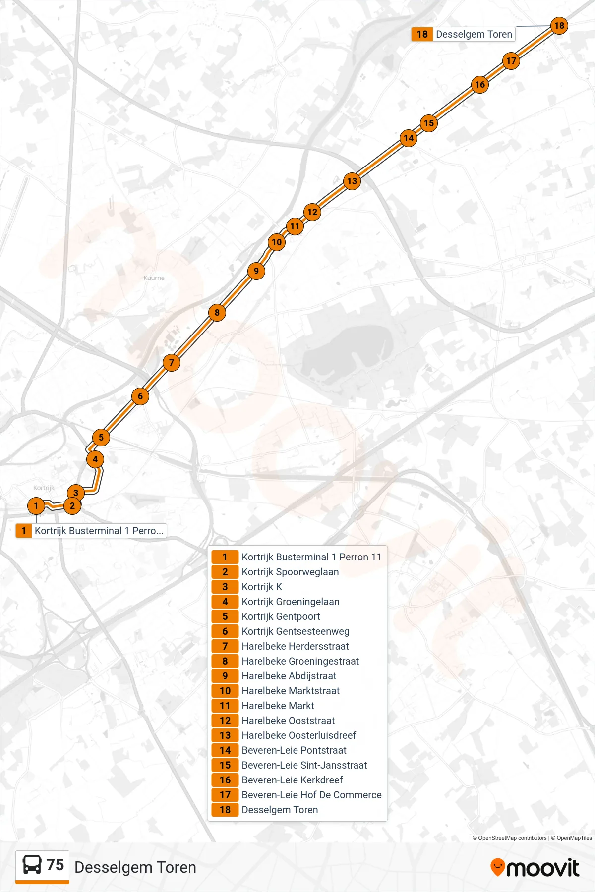 Lijn 75 (bus, Desselgem Toren): route en haltes op de kaart
