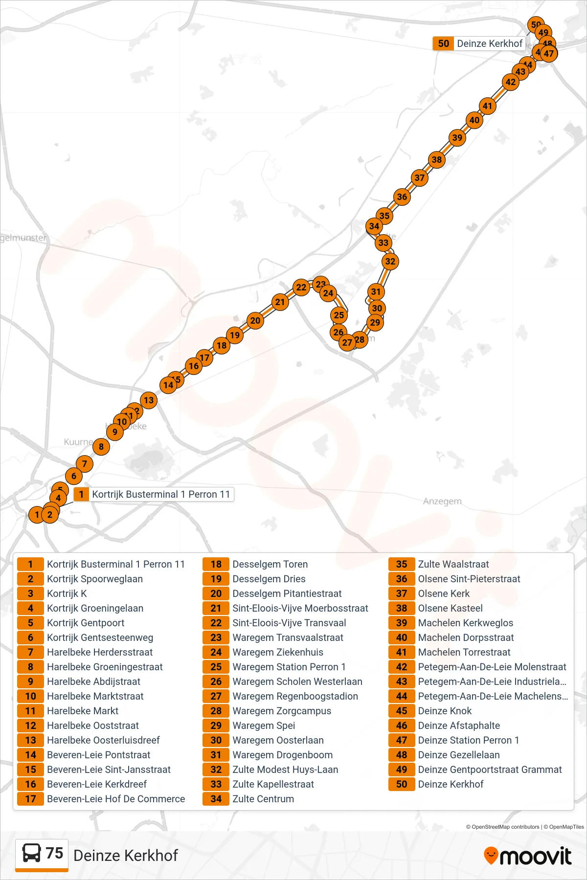 Lijn 75 (bus, Deinze Kerkhof): route en haltes op de kaart