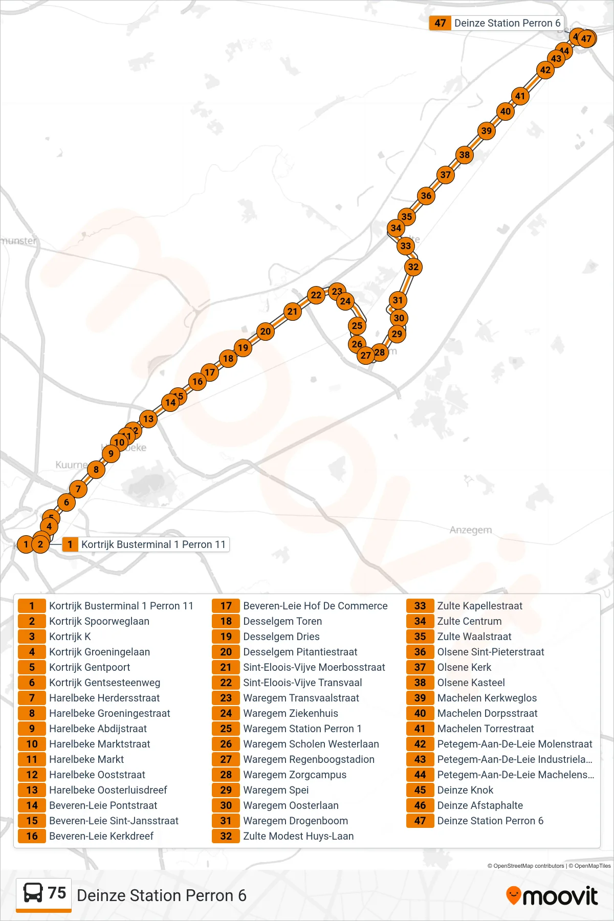 75 bus Line (Deinze Station Platform 6) route and stops on a map