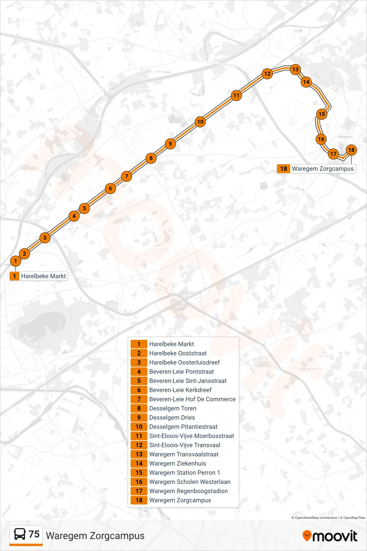 Lijn 75 (bus, Waregem Zorgcampus): route en haltes op de kaart