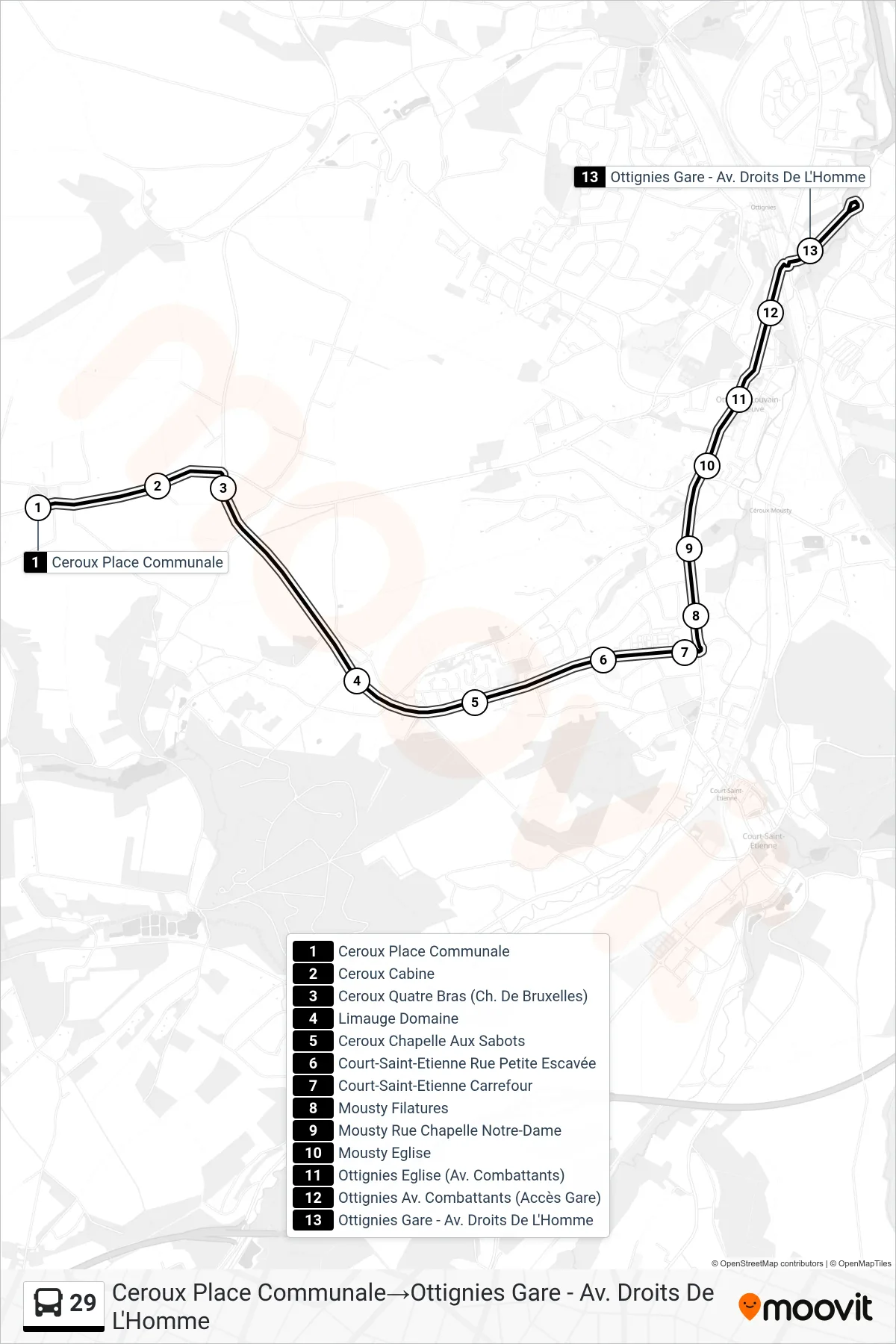 Lijn 29 (bus, Ceroux Place Communale→Ottignies Gare - Av. Droits De L'Homme): route en haltes op de kaart