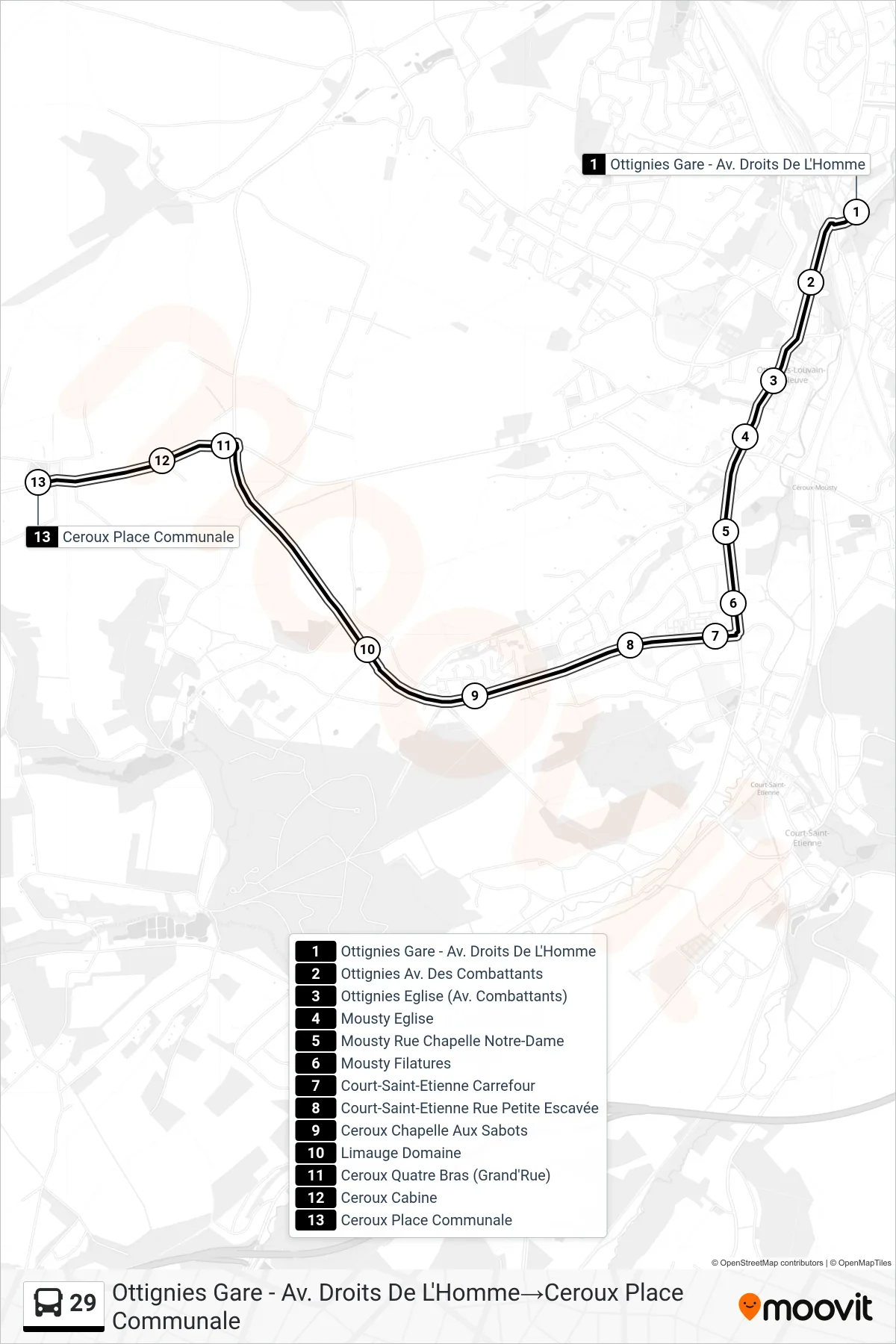 29 bus Line (Ottignies Station - Human Rights Avenue‎→Ceroux Town Square) route and stops on a map