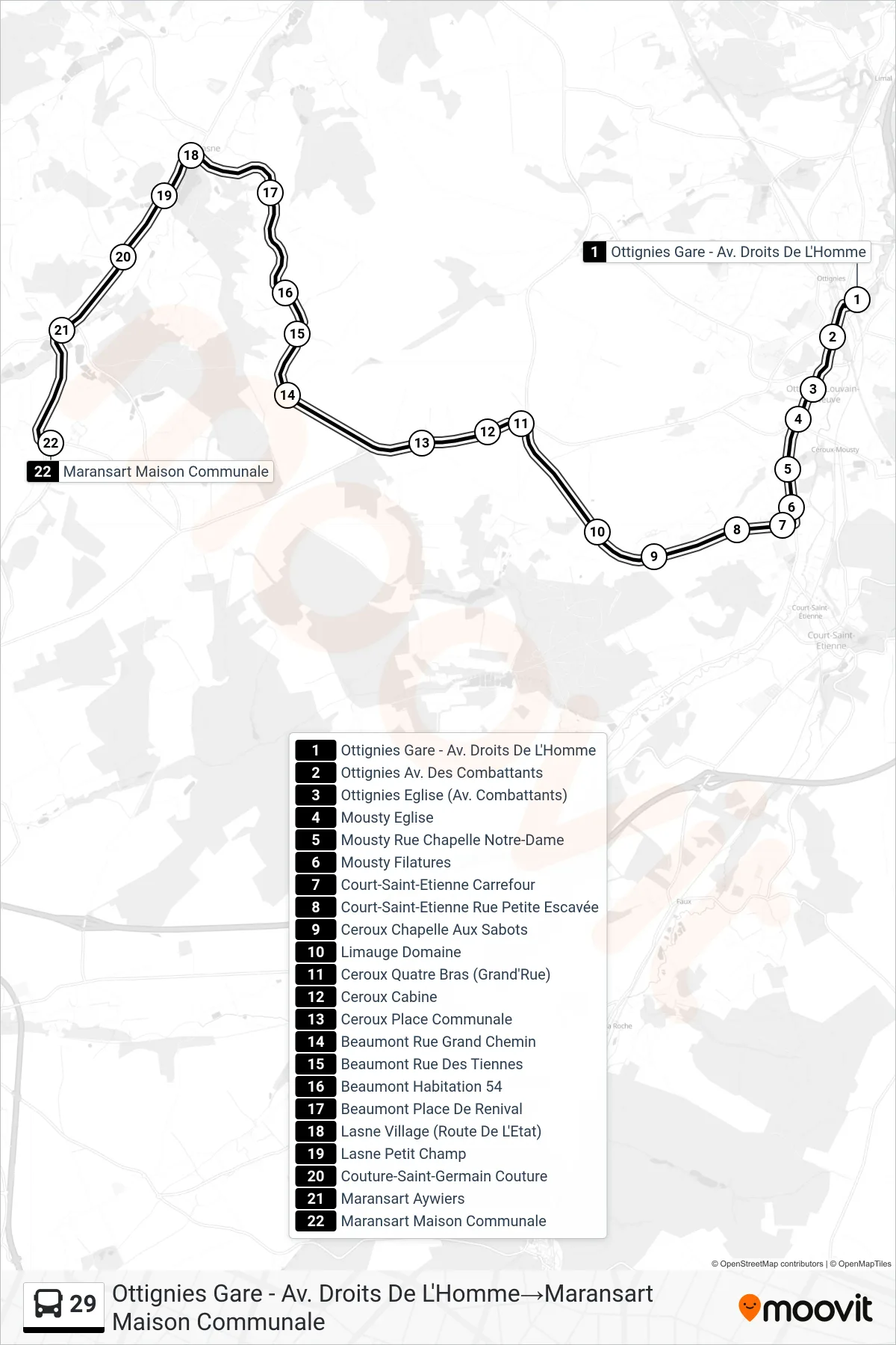 Lijn 29 (bus, Ottignies Gare - Av. Droits De L'Homme→Maransart Maison Communale): route en haltes op de kaart