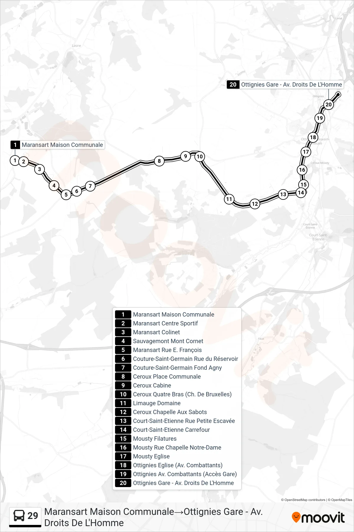 29 bus Line (Maransart Town Hall→Ottignies Station - Human Rights Avenue) route and stops on a map