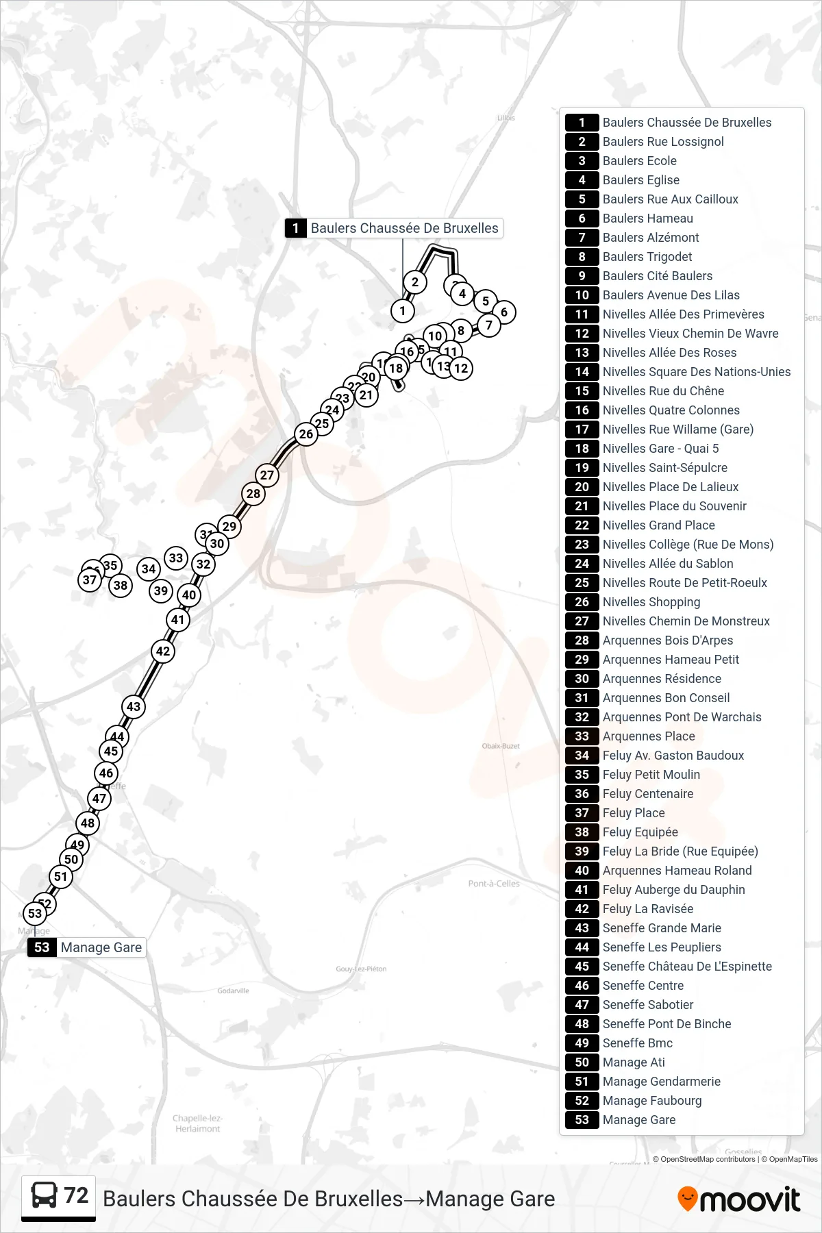 72 bus Line (Baulers Brussels Road→Manage Station) route and stops on a map