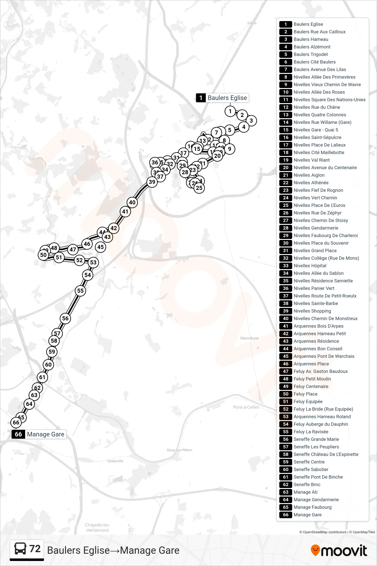 72 bus Line (Baulers Church→Manage Station) route and stops on a map
