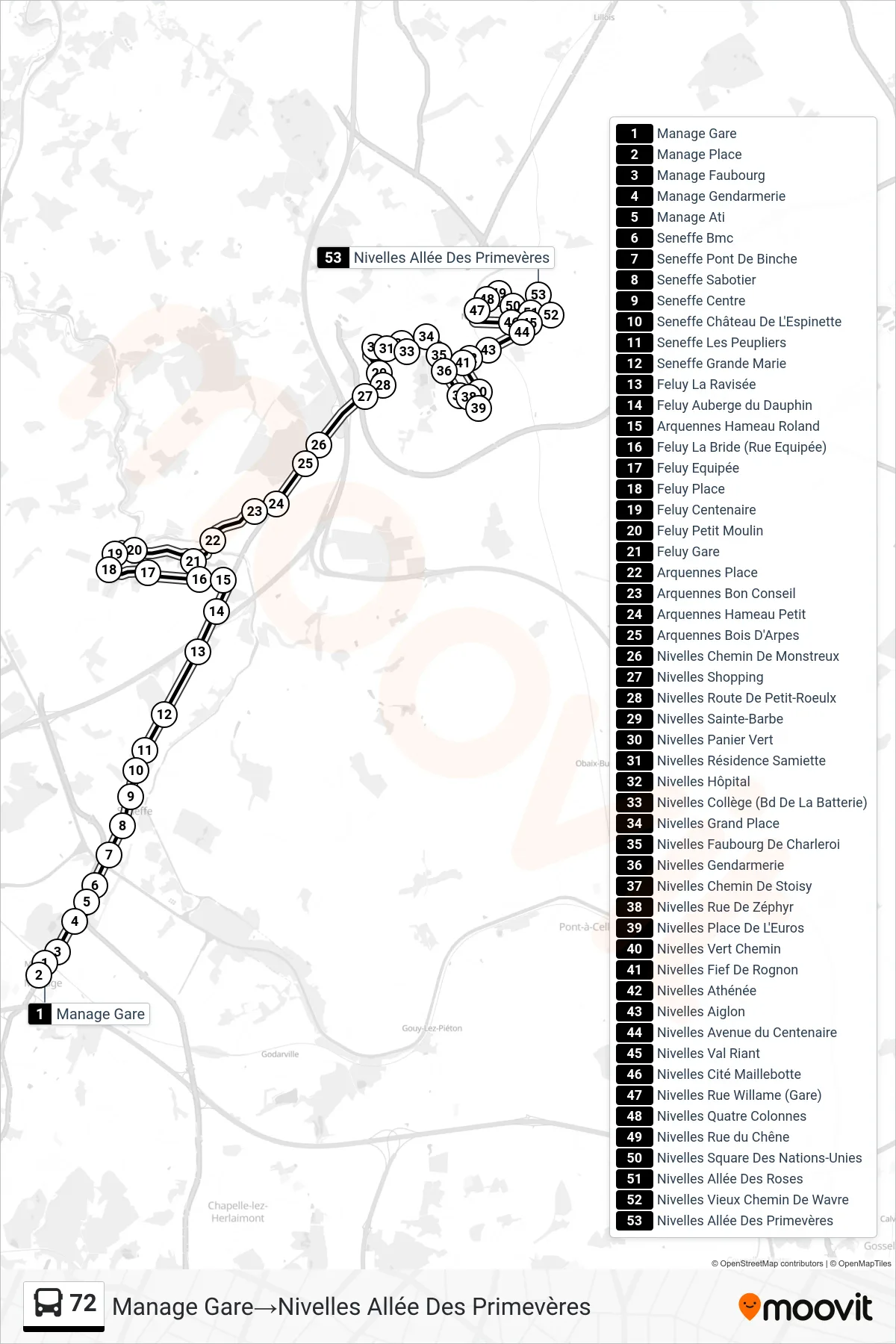 72 bus Line (Manage Station→Nivelles Primrose Lane) route and stops on a map