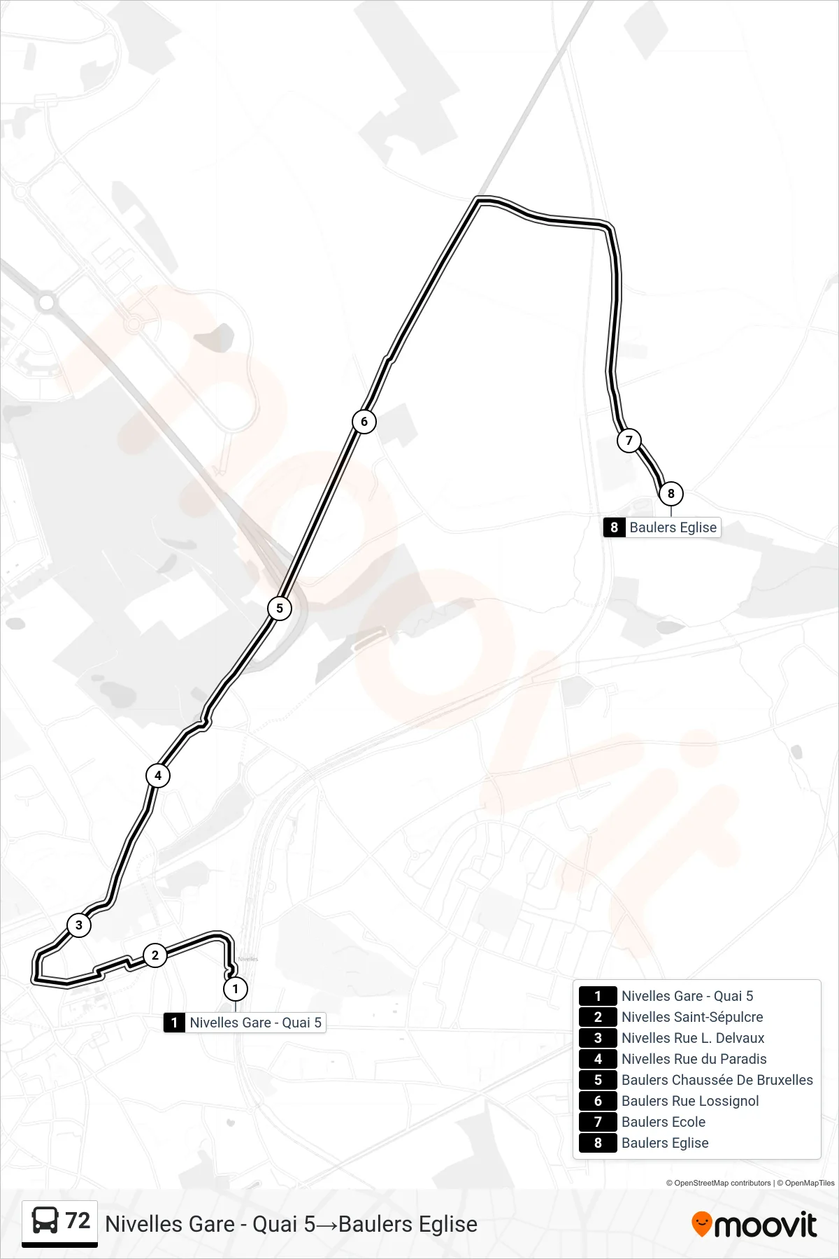Lijn 72 (bus, Nivelles Gare - Quai 5‎→Baulers Eglise): route en haltes op de kaart