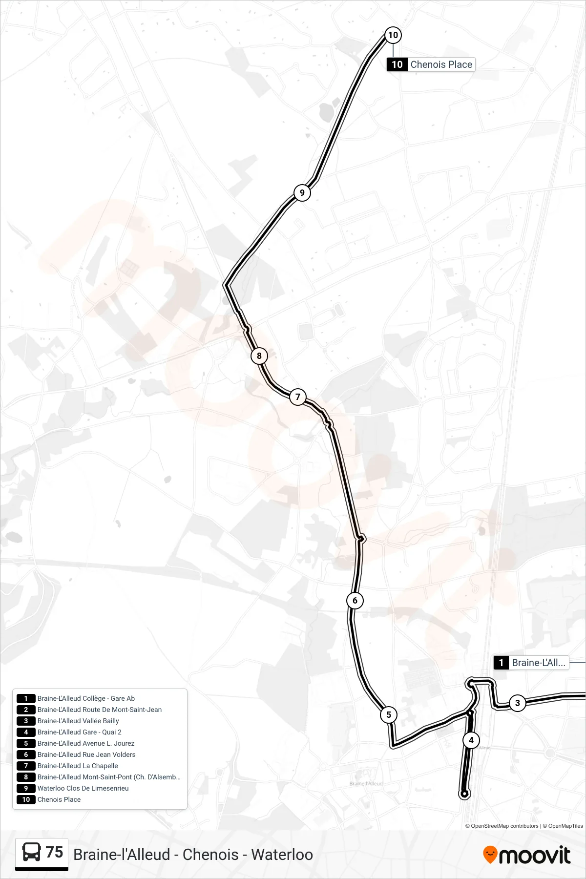 75 bus Line (Braine-L'Alleud College - AB Station‎→Chenois Square) route and stops on a map