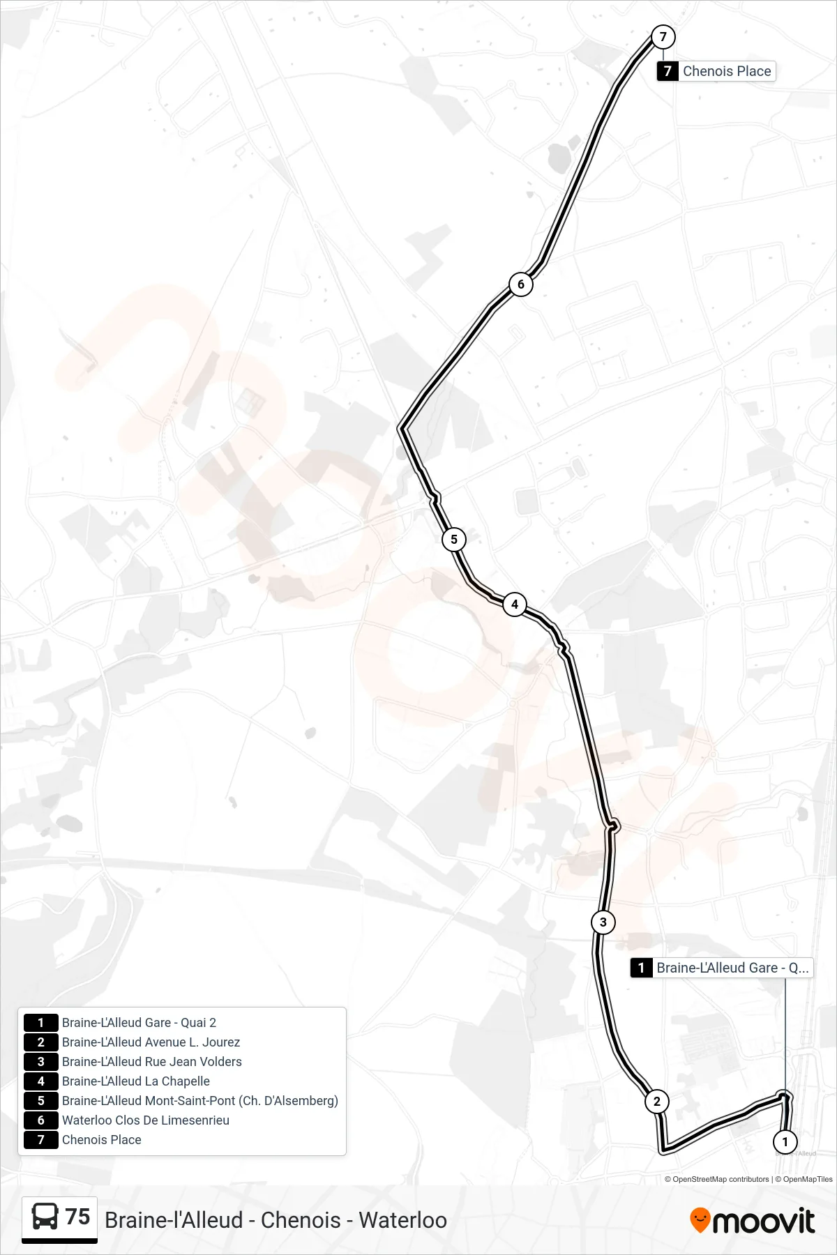 75 bus Line (Braine-L'Alleud Station - Platform 2‎→Chenois Square) route and stops on a map