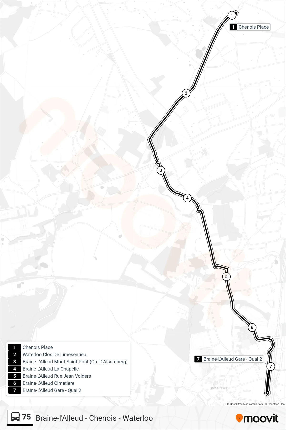 Lijn 75 (bus, Chenois Place‎→Braine-L'Alleud Gare - Quai 2): route en haltes op de kaart